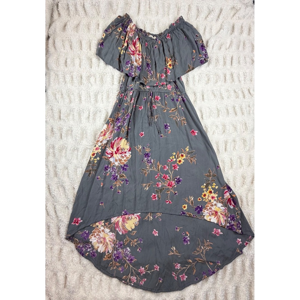 Altar'd State Floral High Low Dress Gray Off Shoulder Boho Ruffle Rayon Large